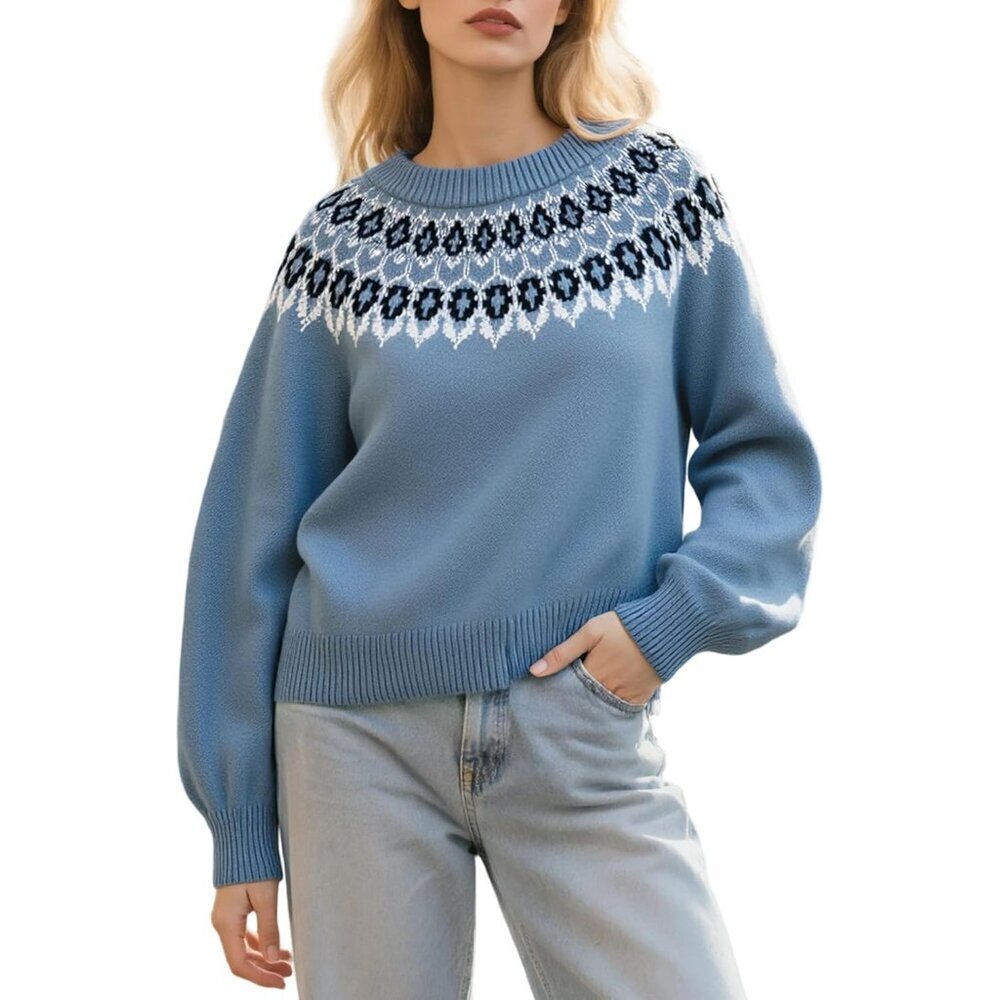 Womens Fair Isle Knit Sweater Vintage Long Sleeve Crewneck Fall Winter Soft